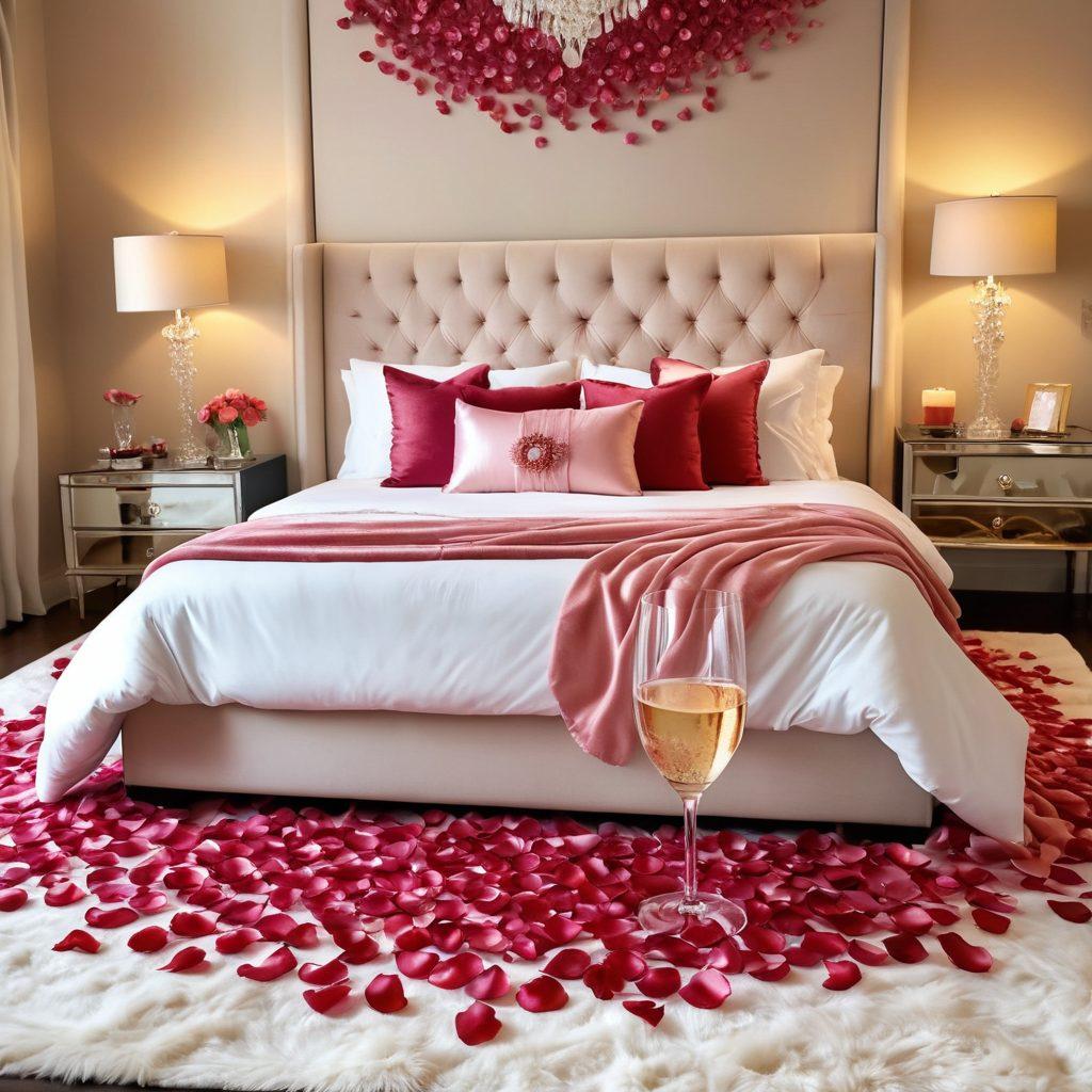 An inviting and sensual setting featuring a plush, elegantly decorated bedroom with soft lighting and rich textures. Include scattered rose petals, tantalizing champagne flutes, and a hint of vibrant colors that elevate the atmosphere of joy and pleasure. Emphasize warmth and intimacy with subtle floral motifs in the background. Artistic, dreamy, intimate ambiance. super-realistic. vibrant colors.