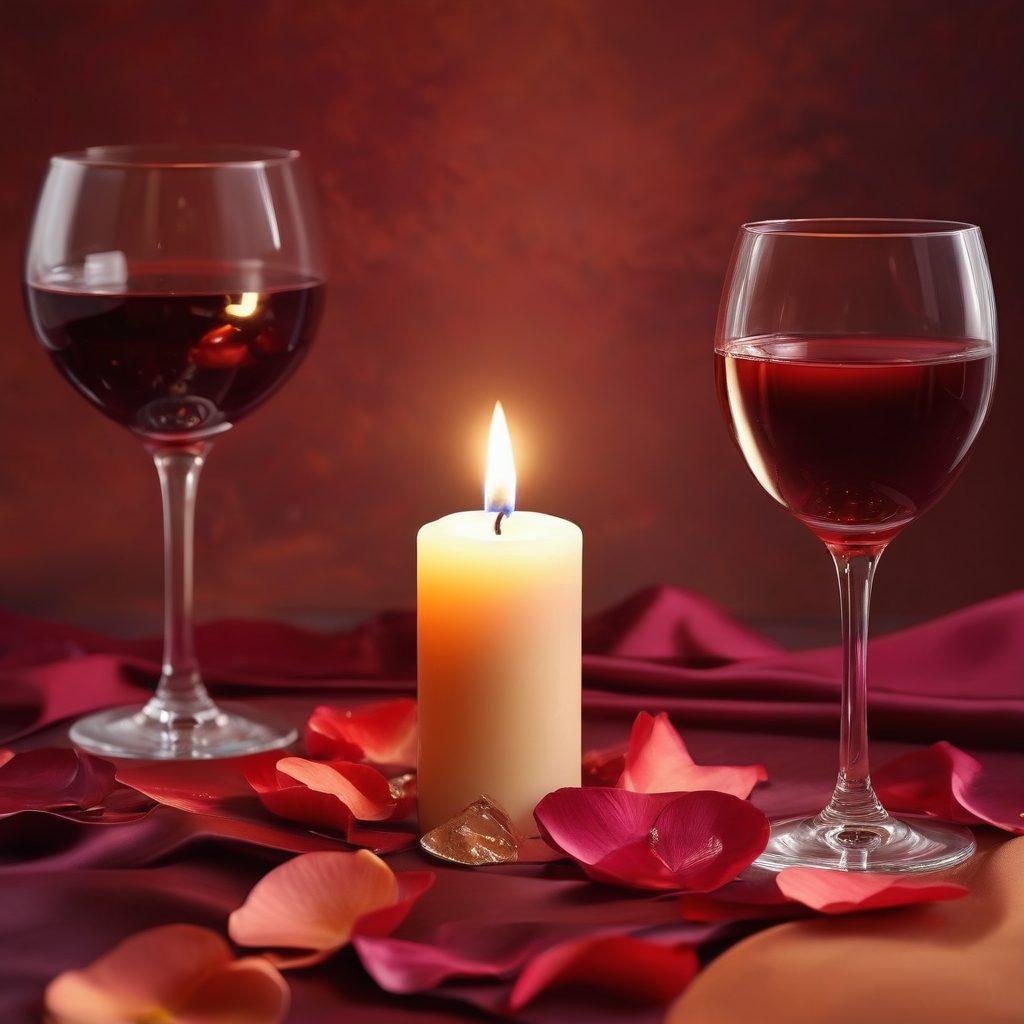 A beautifully styled collage depicting various elements of sensual pleasures: a glowing candle, an elegant silk sheet, a glass of red wine, and rose petals scattered elegantly. The background should exude a warm, inviting atmosphere with soft lighting that enhances intimacy. Visuals should inspire a feeling of indulgence and joy, inviting viewers on a journey of exploration. super-realistic. warm colors. soft focus.